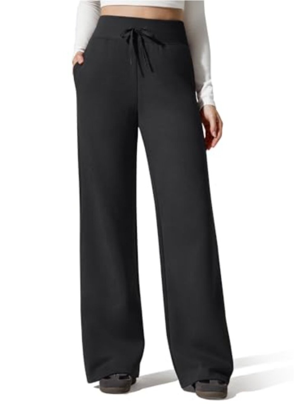 Fleece Lined Drawstring Sweatpants High Rise Wide Leg Cotton Blend